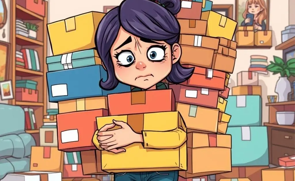 Mia trying to return a mountain of online purchases with a stressed look