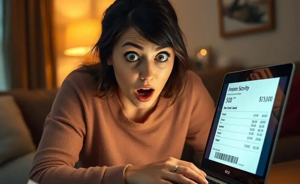 Mia shocked at seeing her surprisingly high credit card statement on her laptop screen.