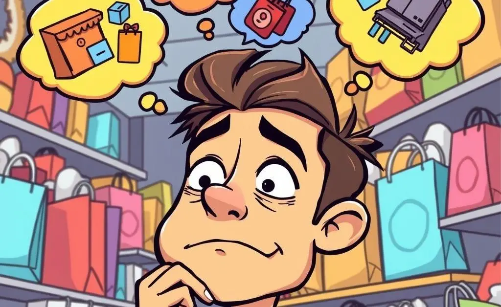 A cartoon thought bubble showing Mia dreaming of impulse purchases