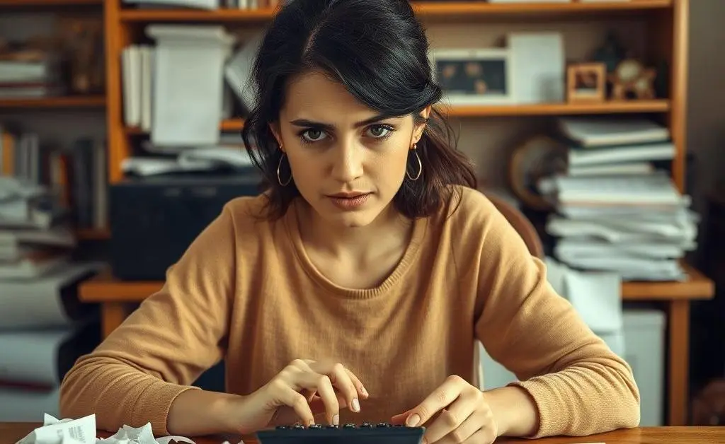 Mia sitting at a table with receipts, trying to balance her budget with a puzzled expression
