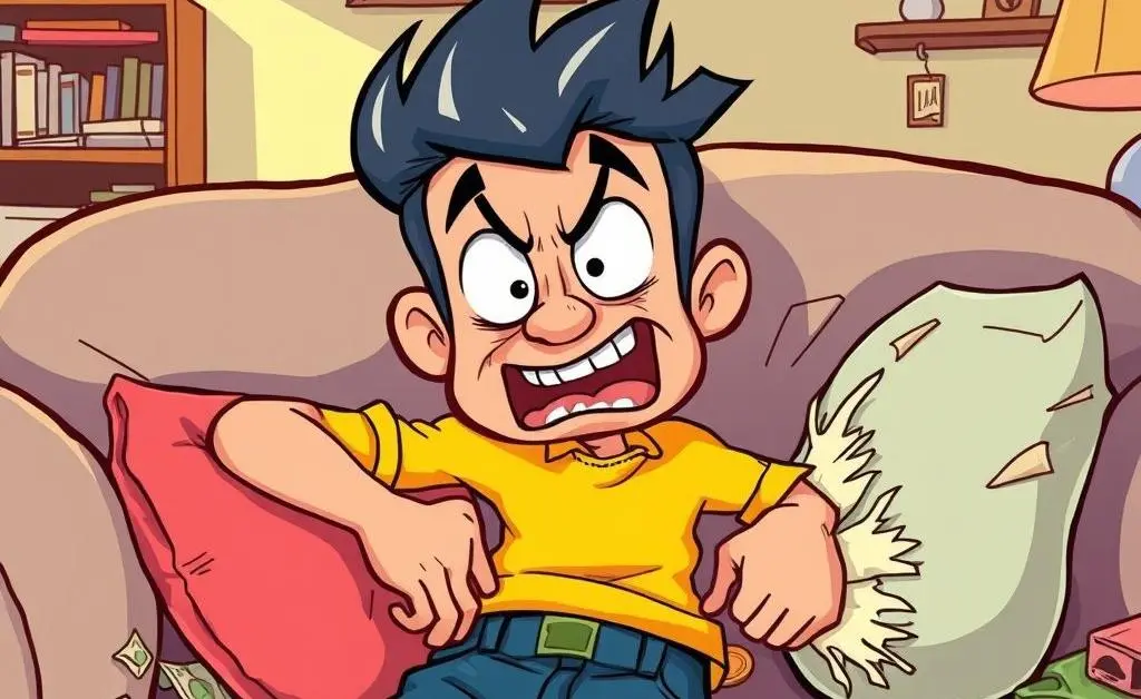 A cartoon scene of Max frantically searching for spare change in couch cushions and pockets.