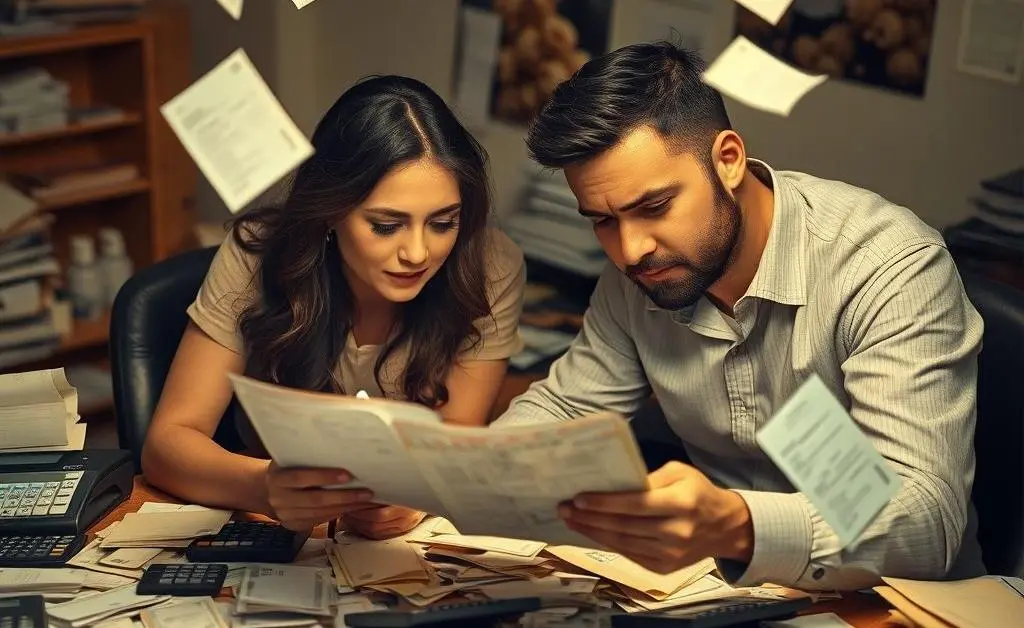 Mia and Sam brainstorming, surrounded by bills and calculators