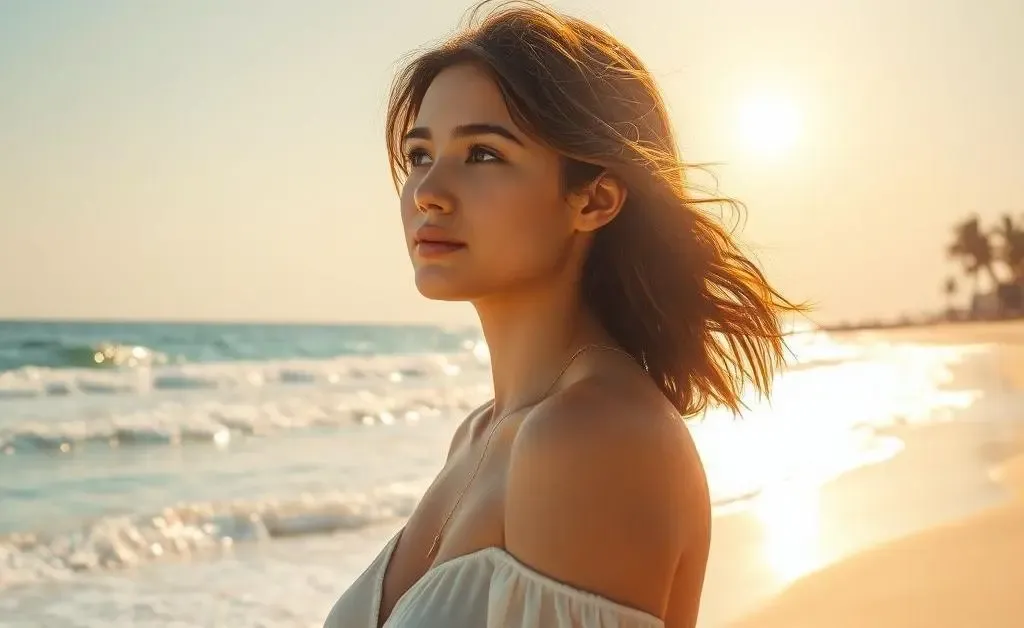 Mia imagining herself on a dreamy vacation, beachside