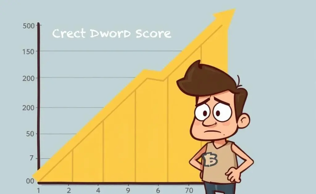 A cartoon character sitting with a laptop, typing "Why did my credit score go down?" into a search engine.