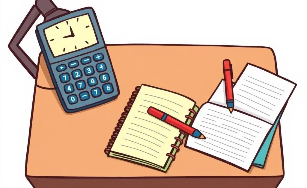 Woman writing in a notebook with a calculator nearby