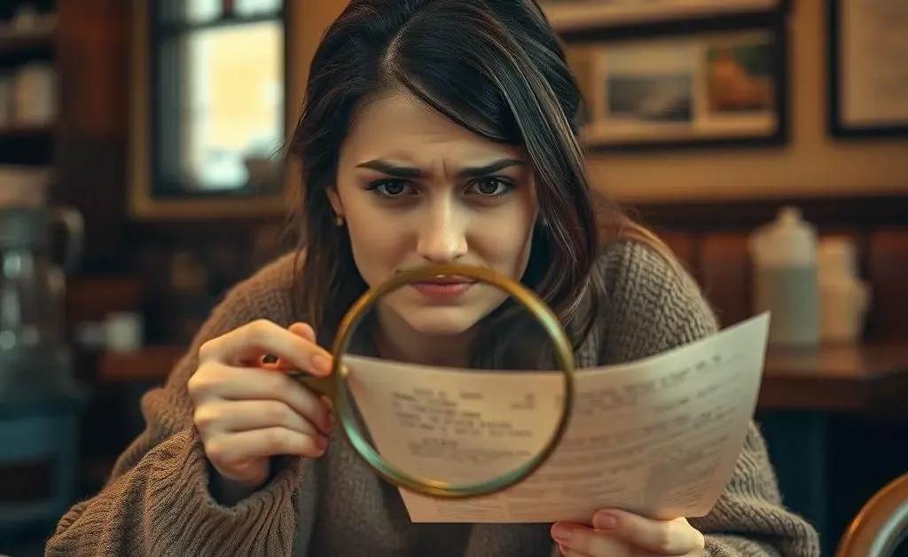 Mia grimacing as she holds a magnifying glass over her receipt