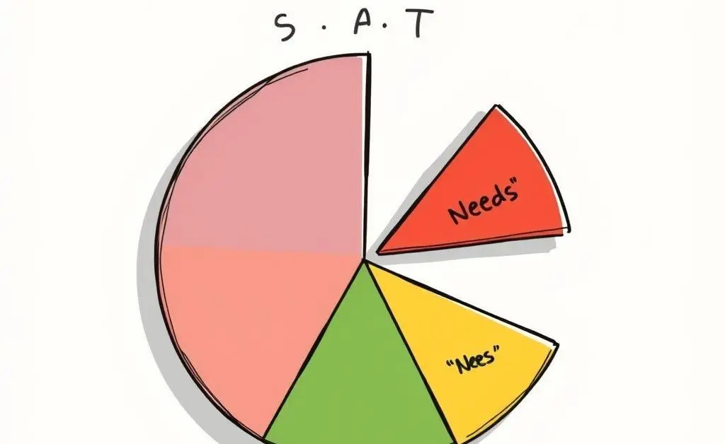 Larry creates a budget pie chart with an explosive chunk for 'Wants' and a tiny slice for 'Needs'