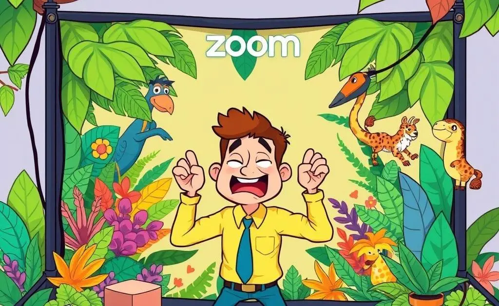 Cartoon of a worker clumsily setting up a jungle-themed Zoom background.