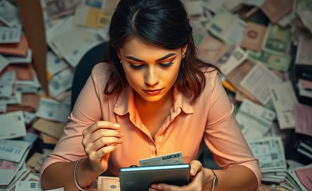 The woman grabbing a calculator and surrounding herself with bills and receipts