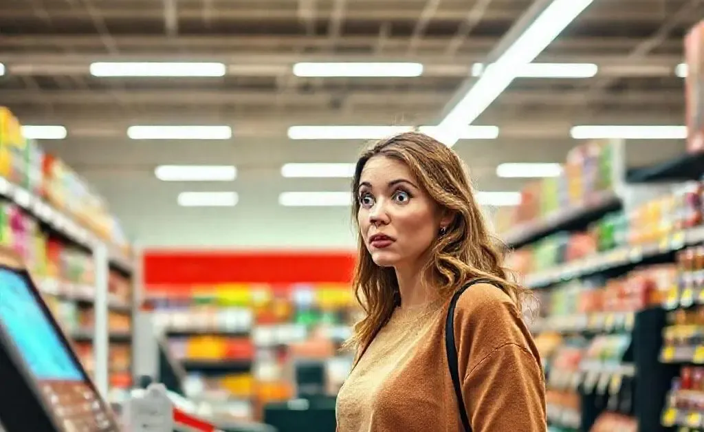 A woman at the checkout counter, surprised by the total bill