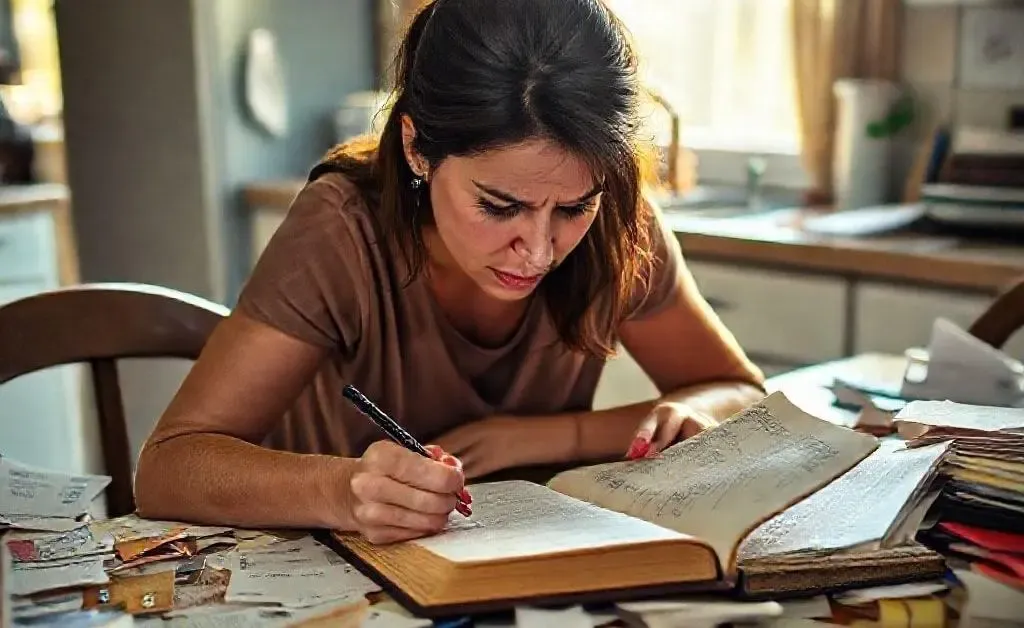 Mia sitting at her kitchen table, surrounded by receipts and credit card bills, frantically doing calculations