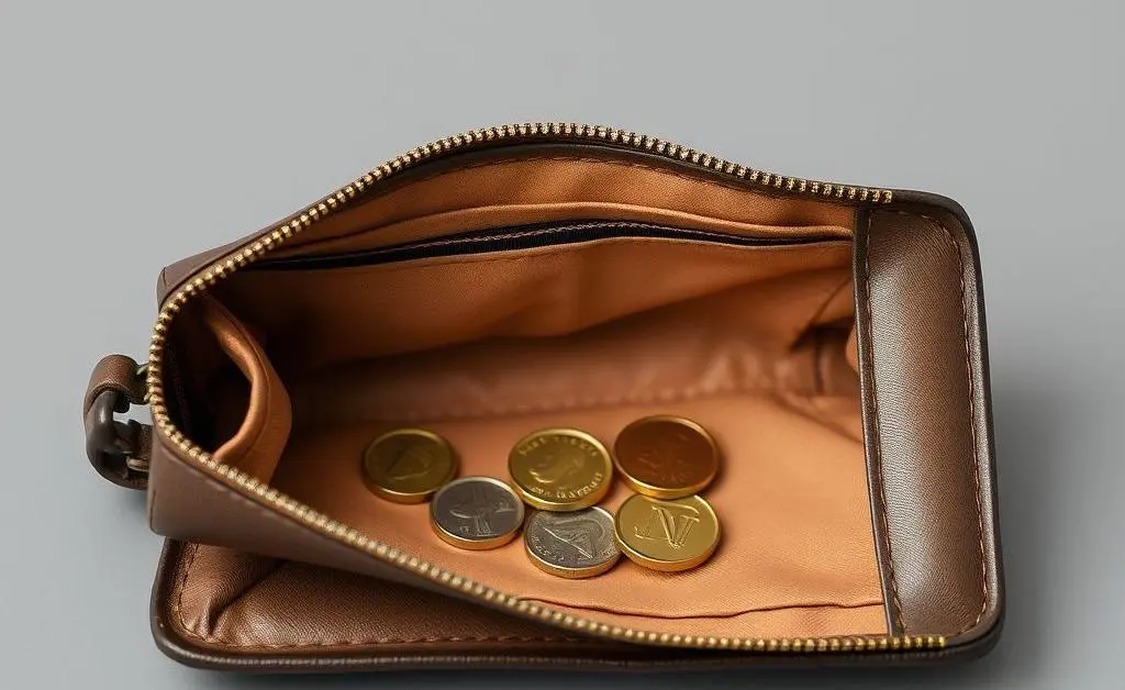 A woman looking at her empty wallet, expressing surprise and confusion