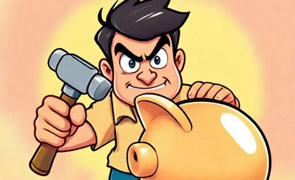 Cartoon of the man in front of a piggy bank with a hammer, looking determined