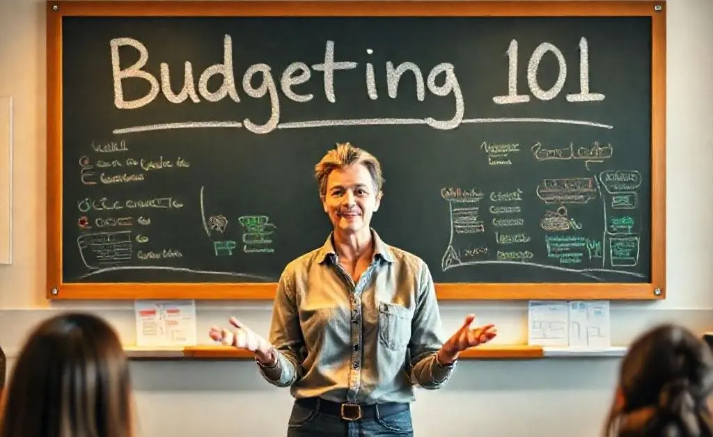 A teacher standing in front of a classroom chalkboard with 'Budgeting 101' written on it