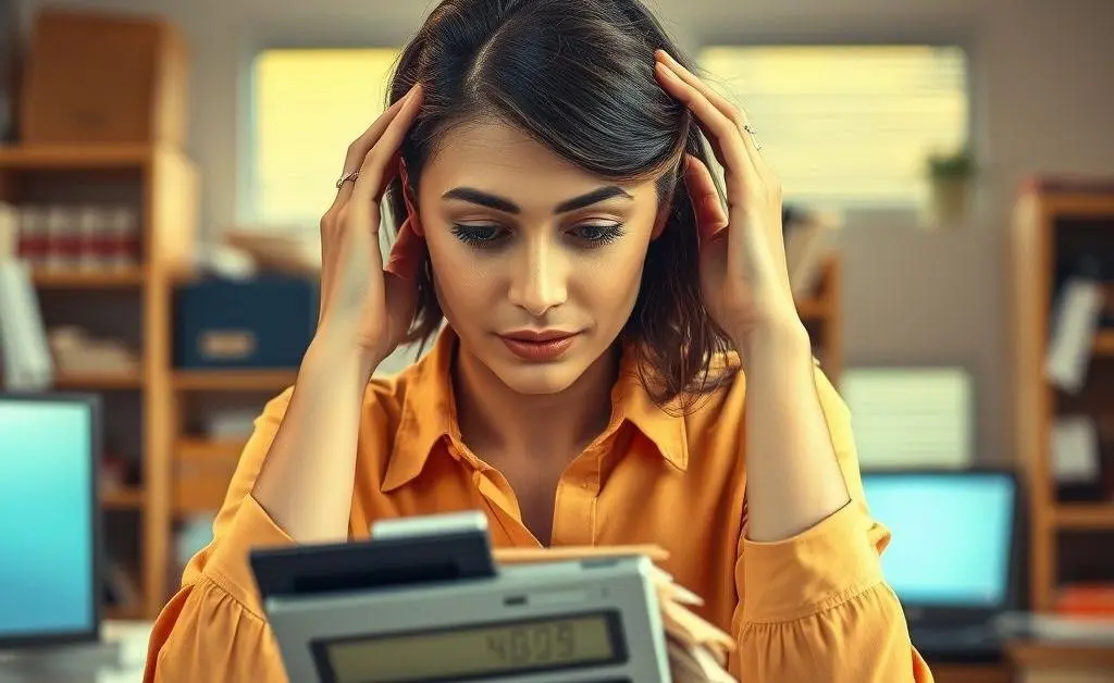 A woman with a calculator looking puzzled at her expenses.