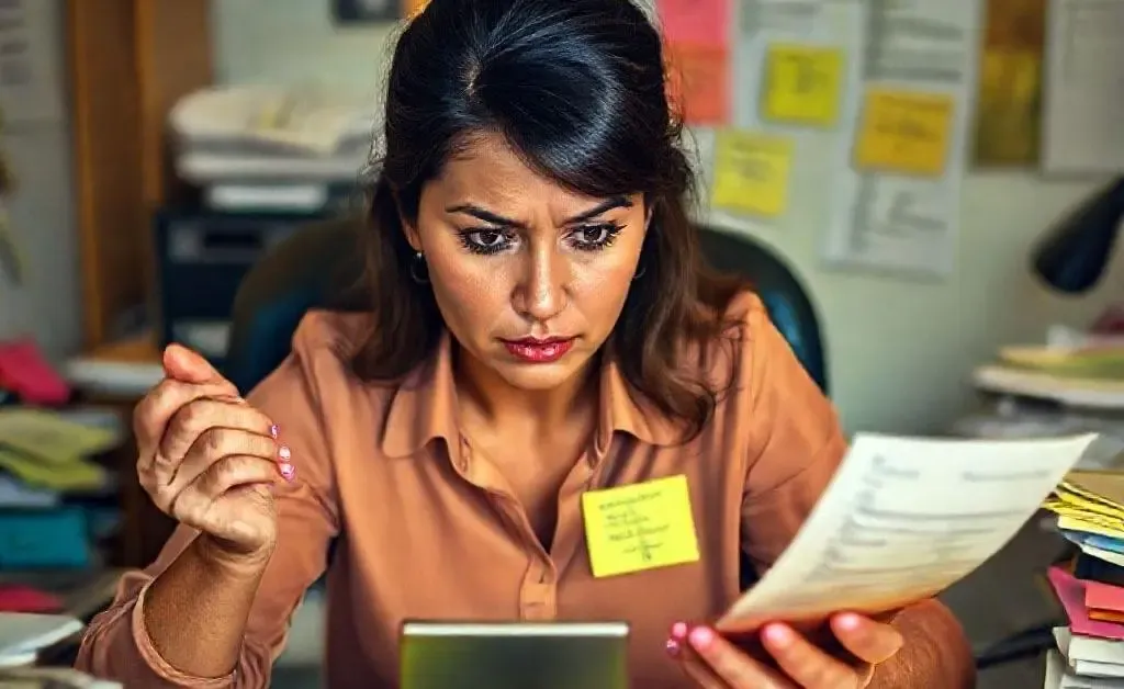 Mia with calculator and budget notes