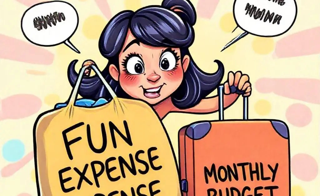 Mia trying to fit a 'Fun Expenses' bag into a small suitcase labeled 'Monthly Budget'