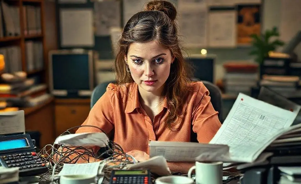 Emma sitting at a table, surrounded by calculators, coffee cups, and spreadsheets, all tangled in confusion