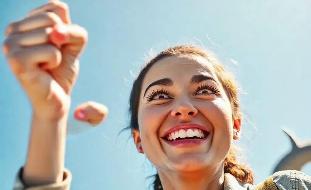 Close-up of Mia shaking her fist humorously at the sky, determined to conquer the budget beast.