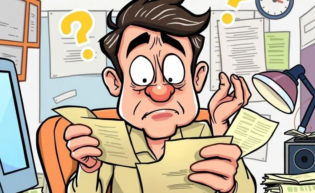 Cartoon man trying to track expenses with confused expression