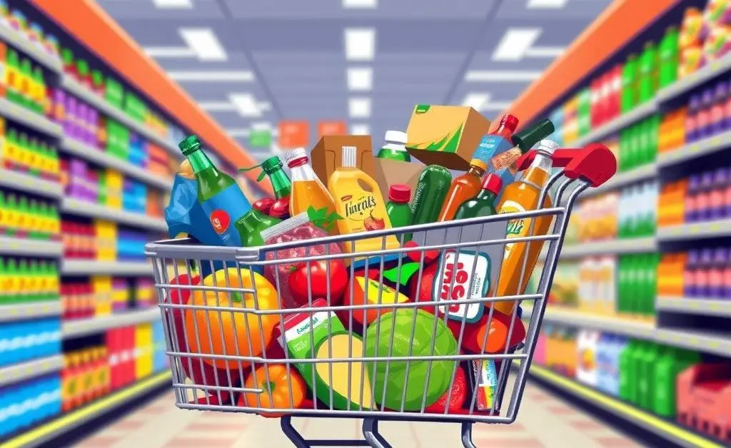Cartoon of a large shopping cart with things overflowing, character looks panicked