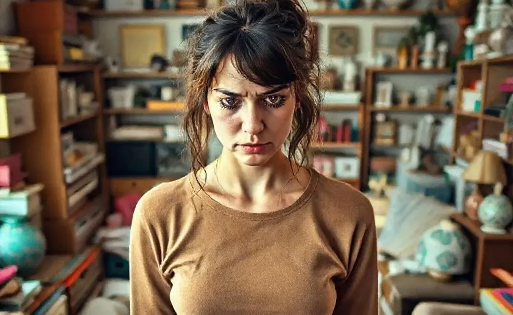 A woman surrounded by unnecessary home items looking overwhelmed