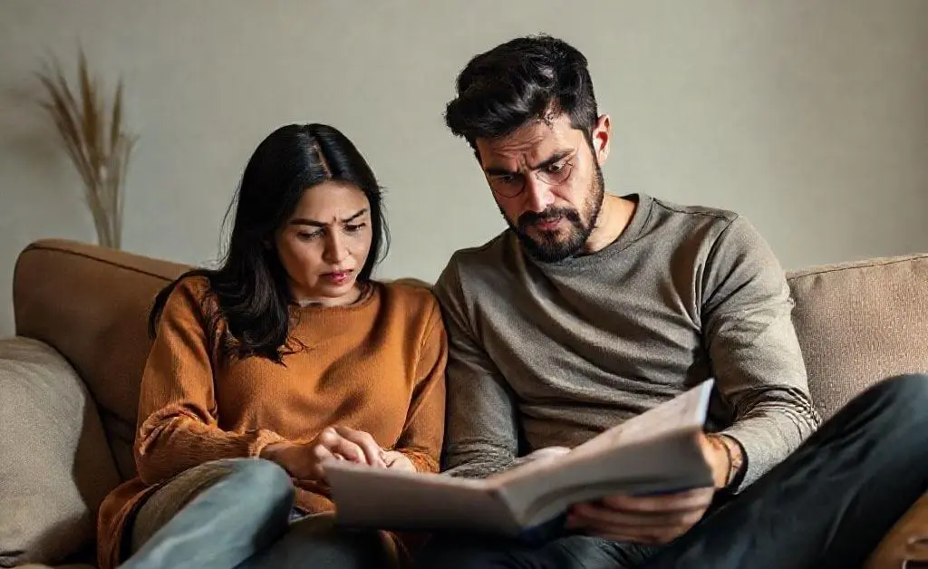 A couple staring at a planner with concern