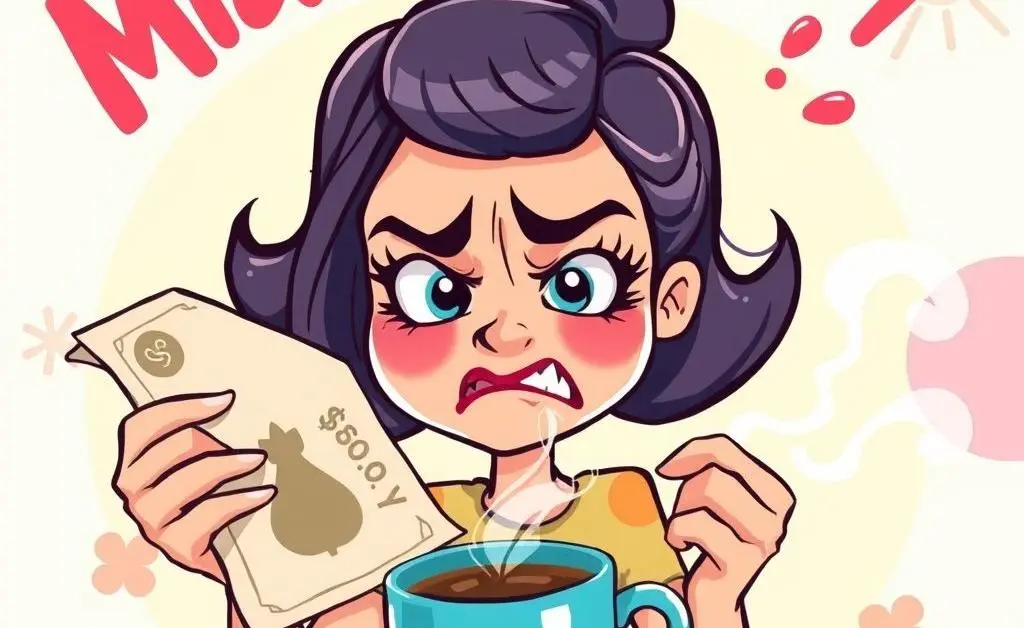 Cartoon Mia grimacing with a large bill in one hand and a cup of coffee in the other