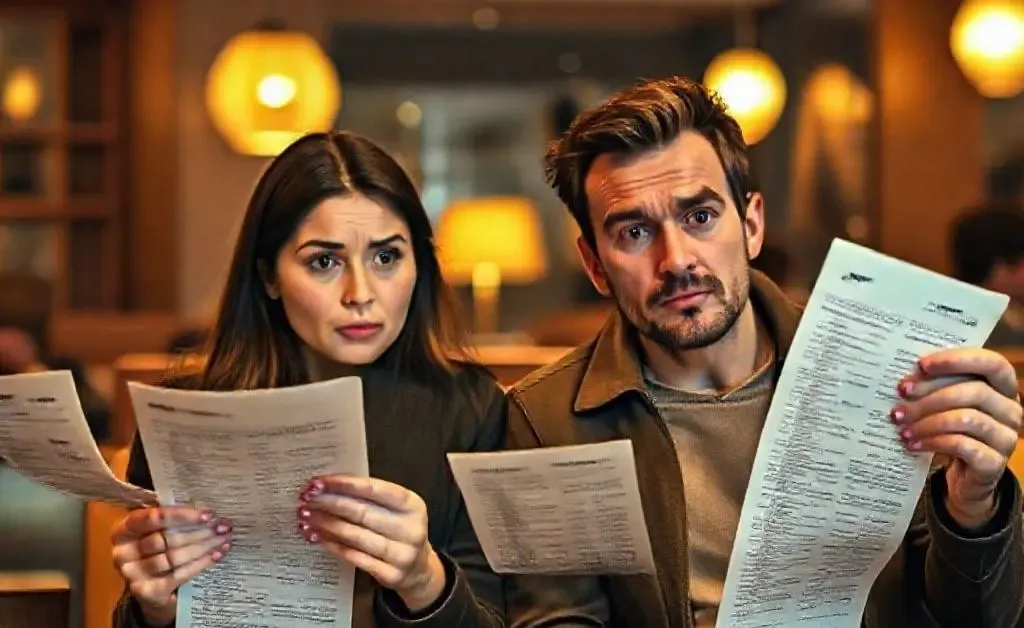 A couple sitting together, each holding long receipts and looking confused