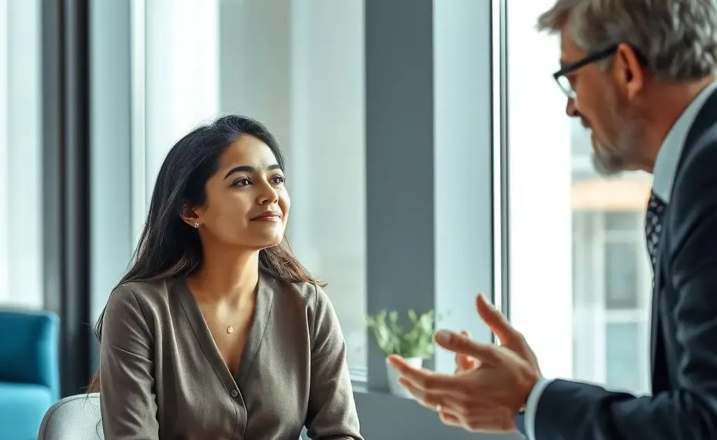 Mia sitting with a financial advisor, nodding with realization