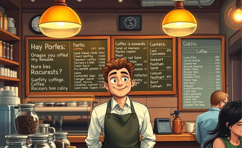 A coffee shop setting with a barista raising an eyebrow at a long list of items being ordered