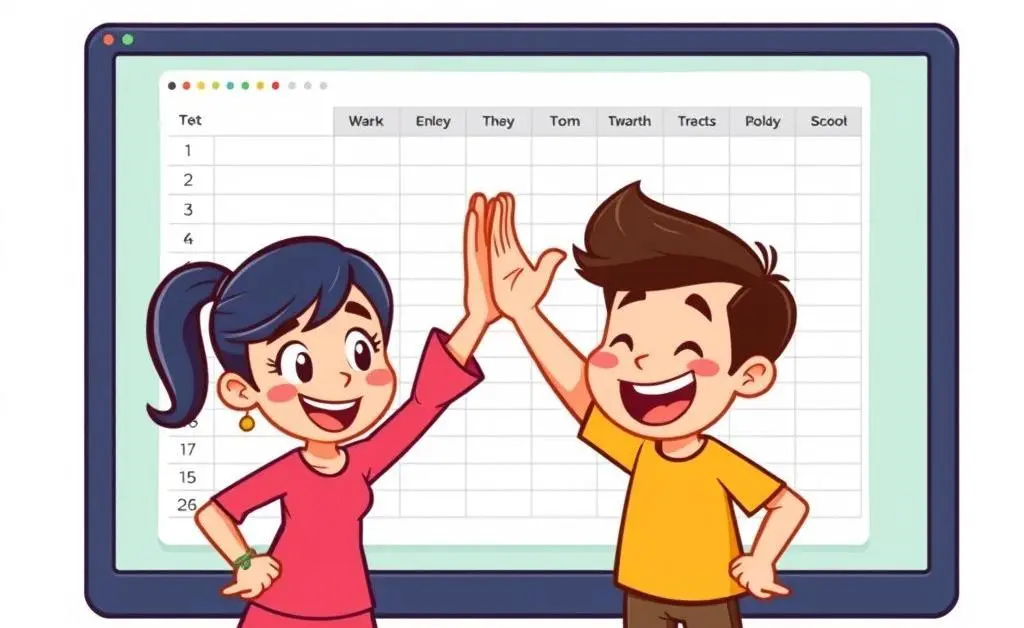 A cartoon pair, Mia and Tom, excitedly high-fiving in front of a simple tracking spreadsheet