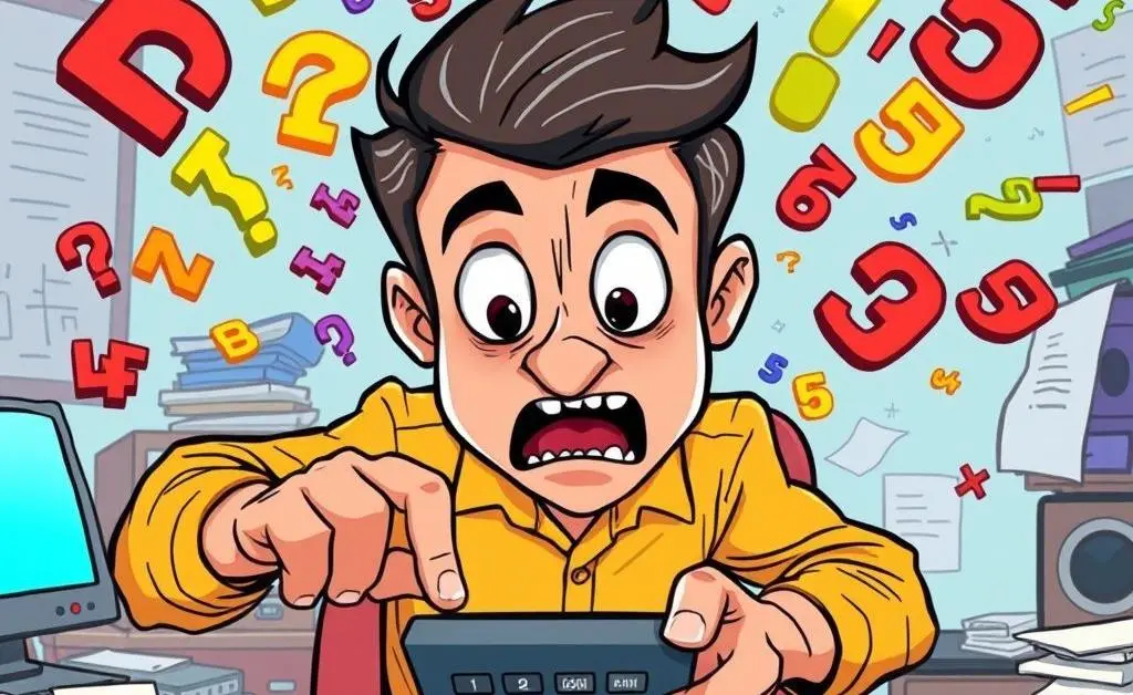 A cartoon man frantically using a calculator with numbers flying around him.
