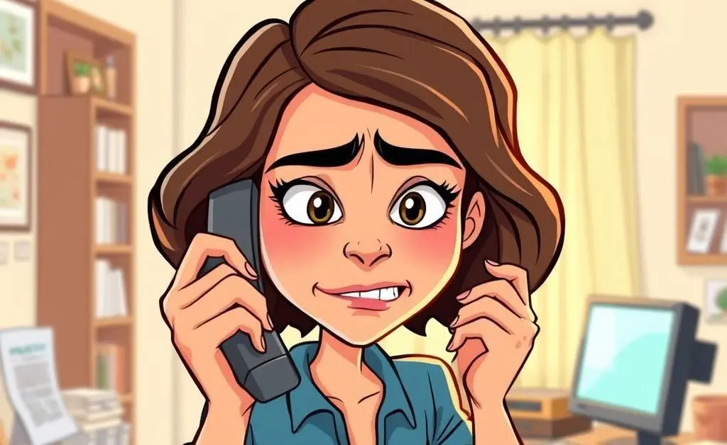 cartoon woman on a phone call with an insurance agent, looking frustrated