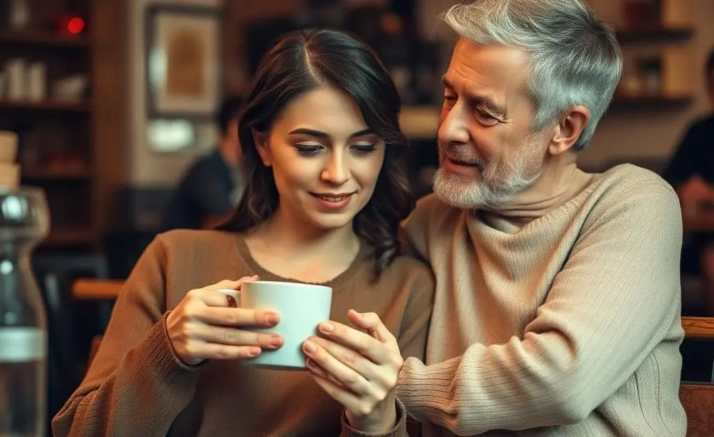 Woman holding a coffee with a friend, who is listening intently while nodding at her story