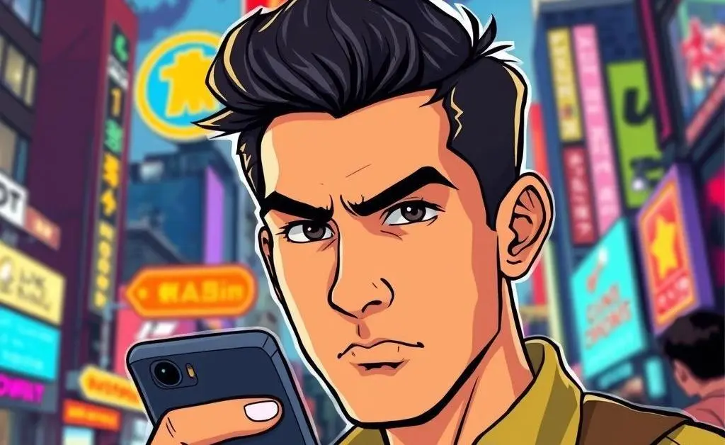 A determined cartoon person on a phone