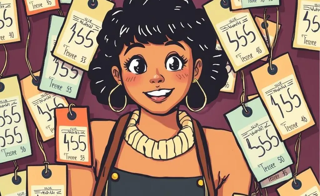Mia surrounded by price tags with comically high numbers