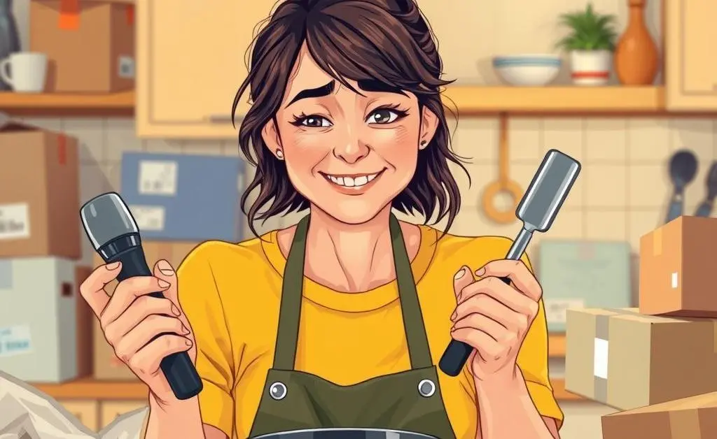 A lighthearted image of Sarah looking exhausted, surrounded by parcels, and simplifying cooking with just three gadgets.