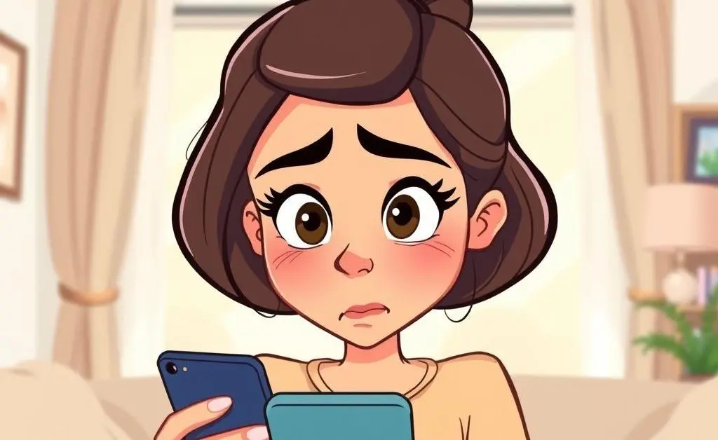 A woman looking at her bank app with a worried expression