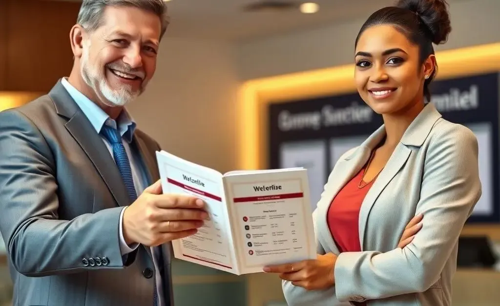 A friendly banker handing over a budgeting guide while Mia looks determined