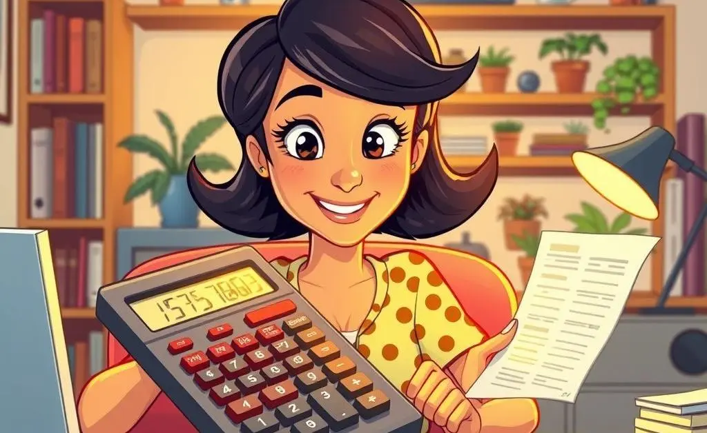 A woman calculating expenses with a large calculator