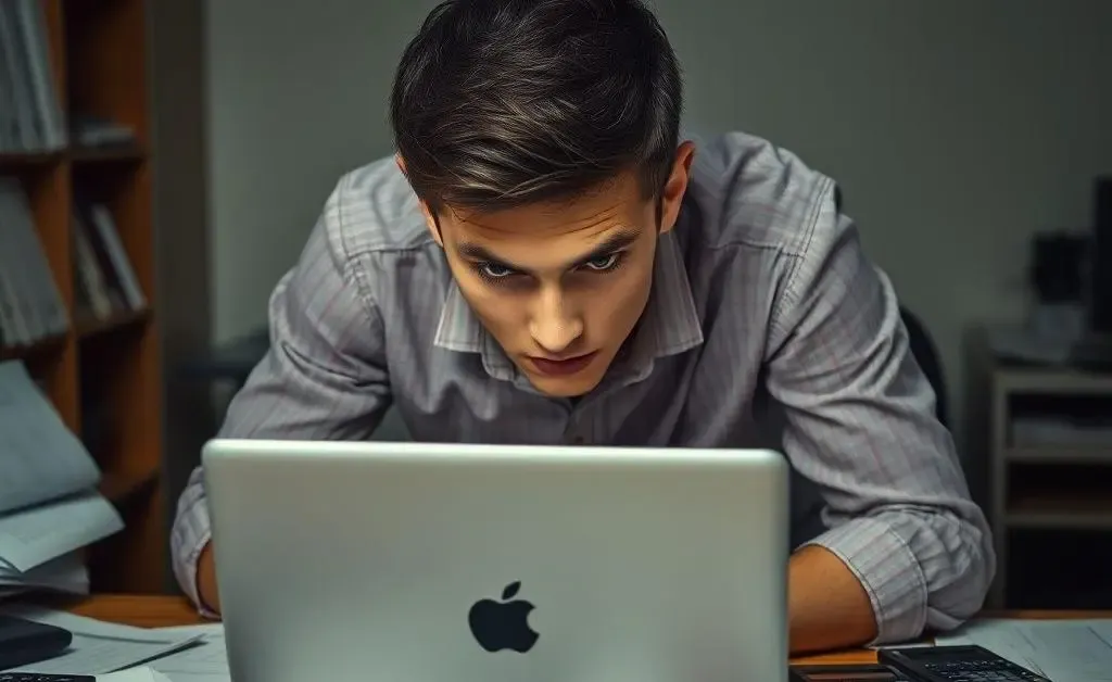 The young man hunched over his laptop, calculators scattered around him, looking anxious