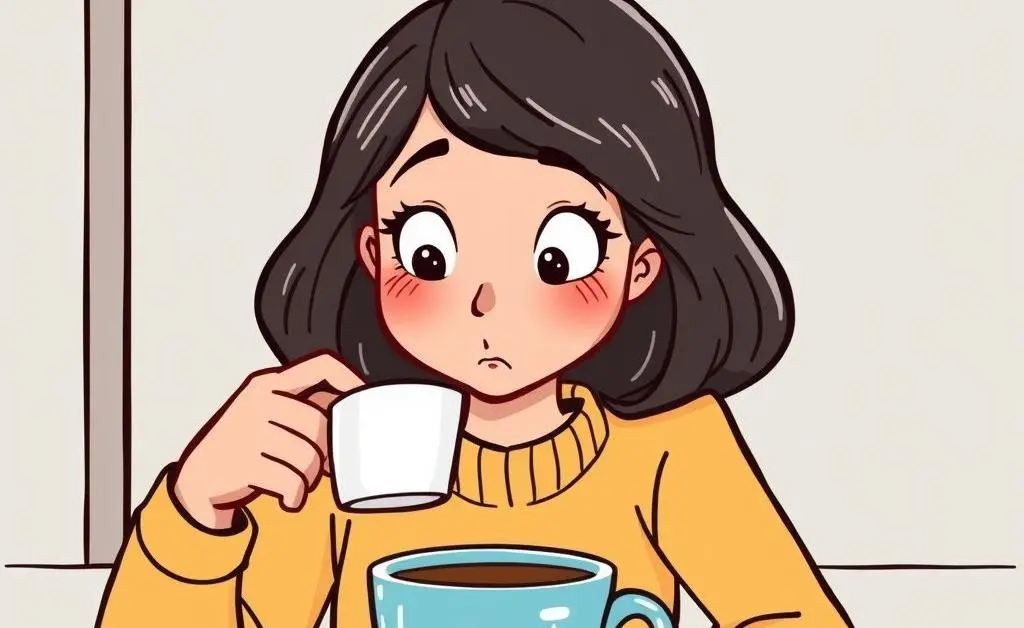 Cartoon of Mia staring at a cup of coffee as her only affordable luxury now