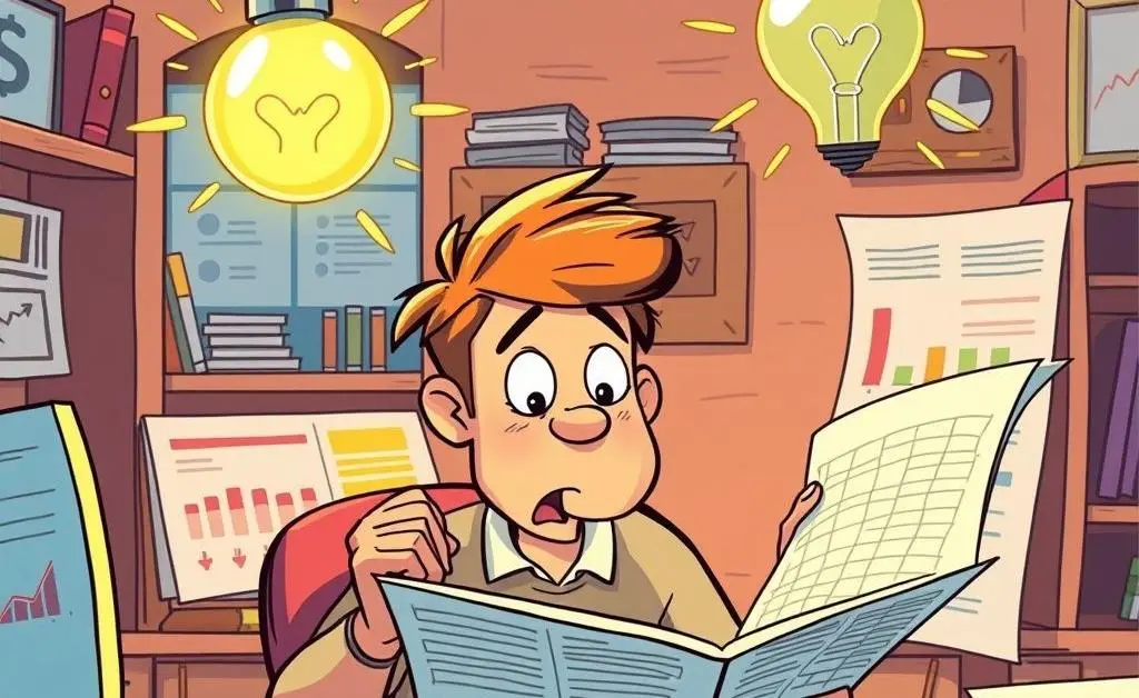 Cartoon of a light bulb going off above a person's head as they look at a budget