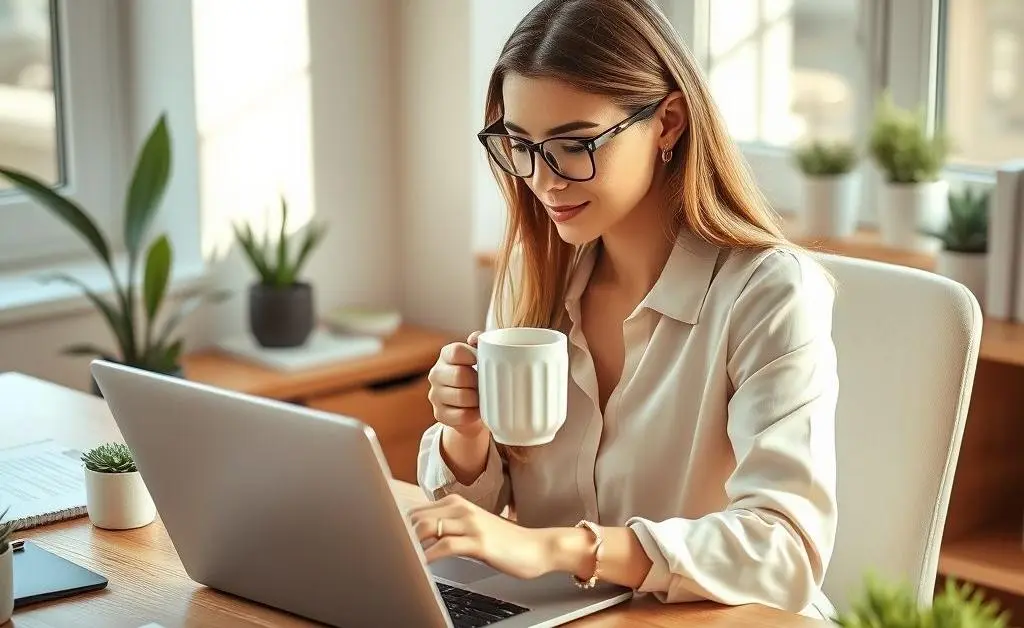The woman creating a budget on her laptop while sipping a cup of coffee