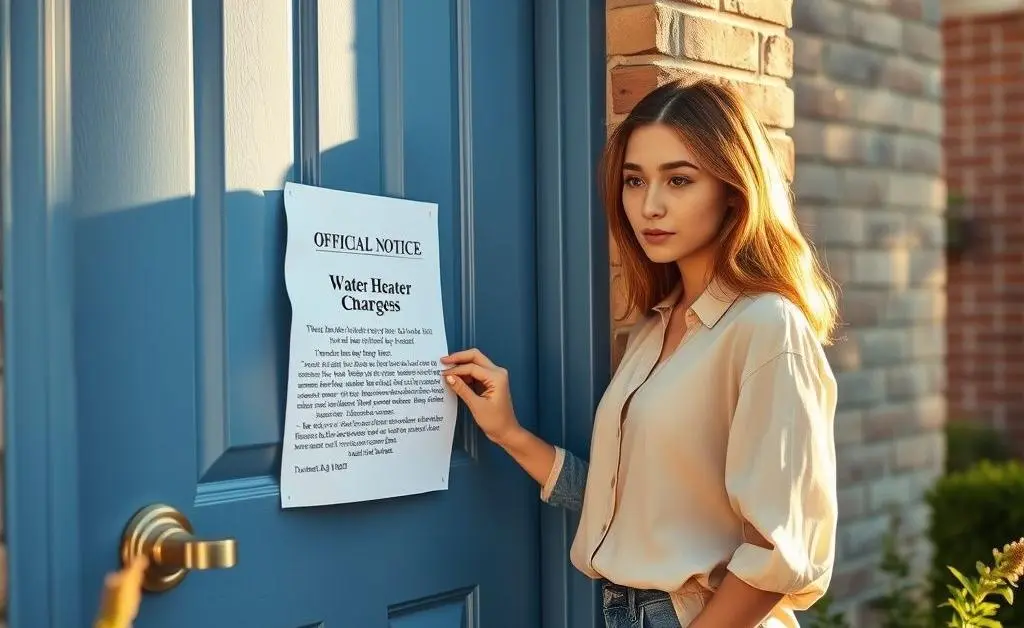 Mia at a door with a notice about water heater charges