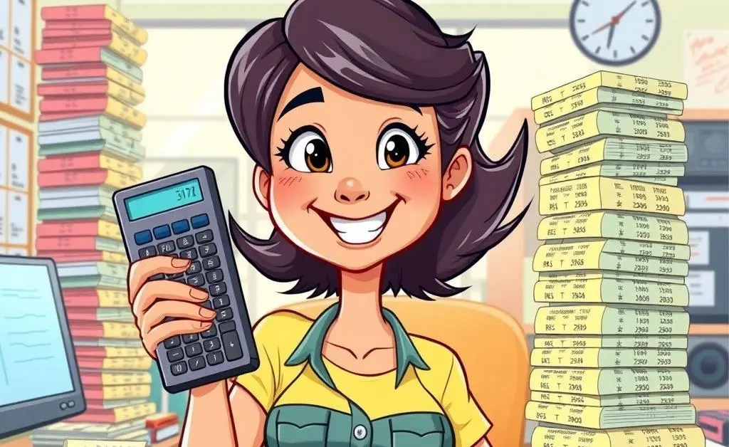 A woman with a calculator and piles of receipts