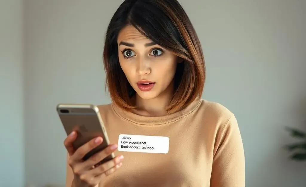 The woman holding her phone, surprised by a message from her bank, showing low balance