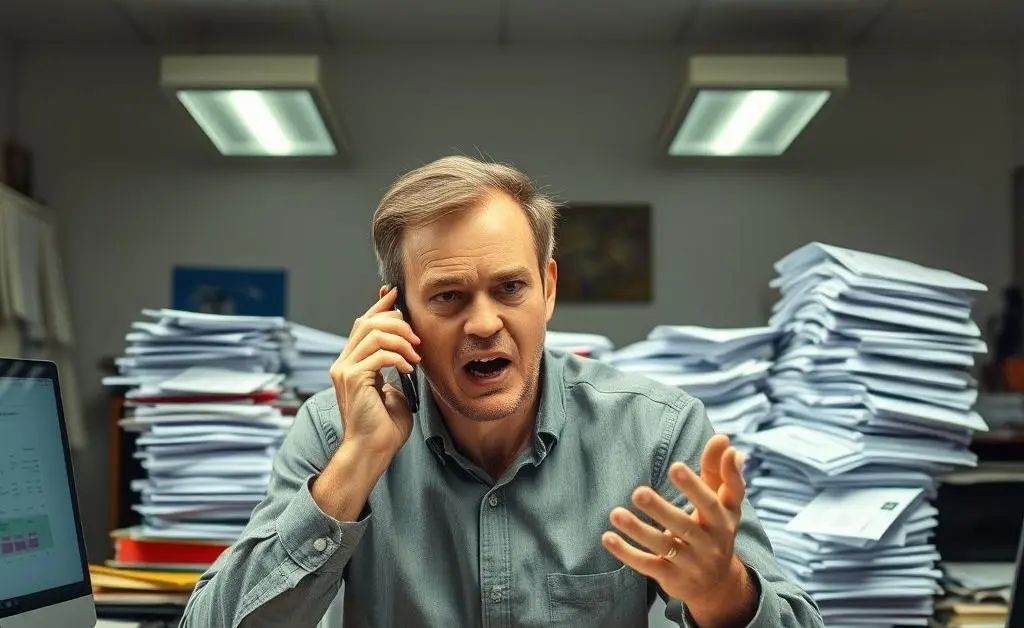 Dave on the phone, talking animatedly while a pile of 