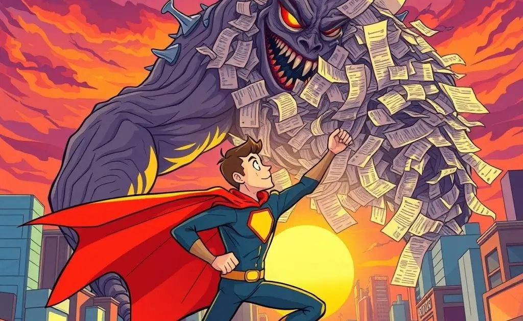 Cartoon freelancer in superhero gear fighting a monster made of expense receipts